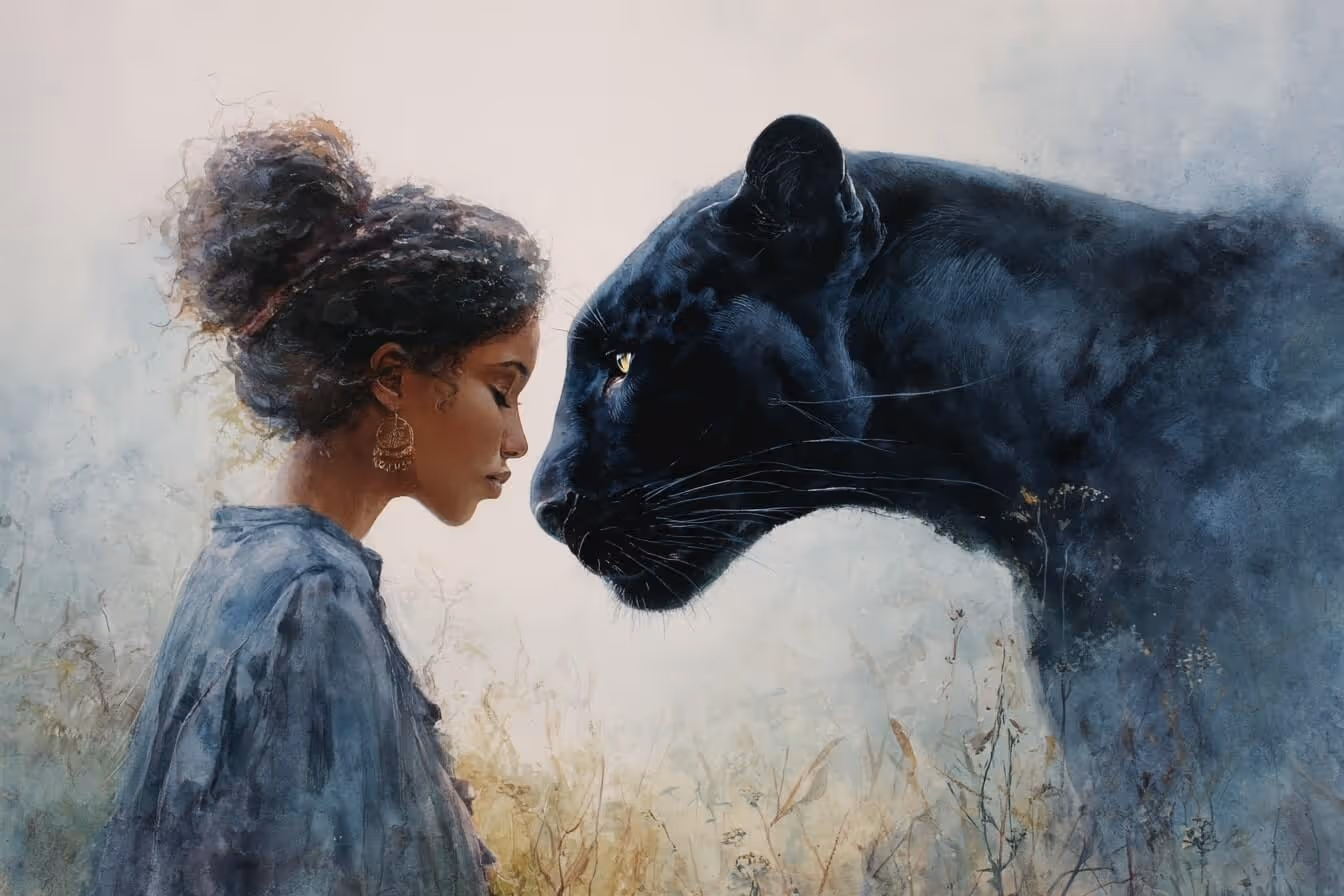 Ilustrace ženy a černého pantera, symbol ženské vnitřní síly