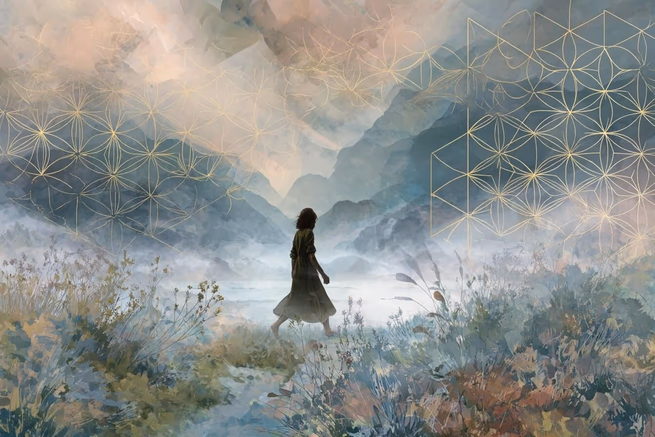 Ilustrace posvátné geometrie, ženy a přírody: symbol propojení člověka s přírodou