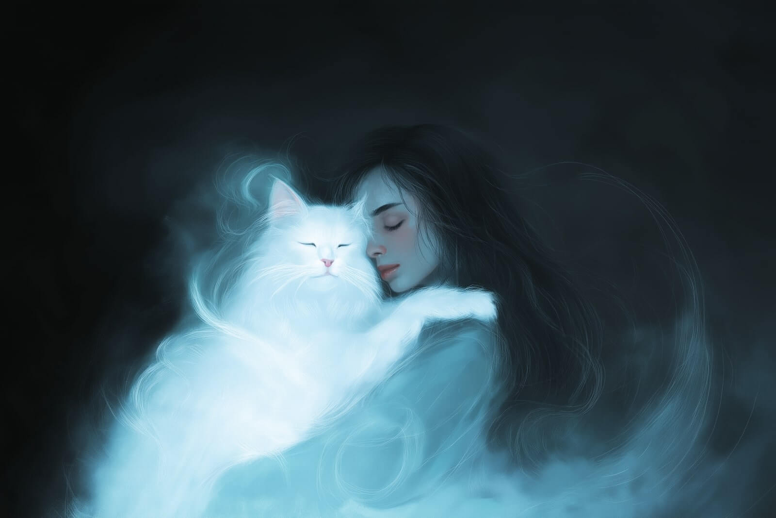 Ilustrace ženy objímající duši své zemřelé kočky, symbol věčného spojení