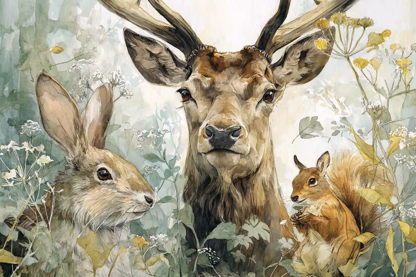 Ilustrace jelena, zajíce a veverky: symbol duchovních zvířat