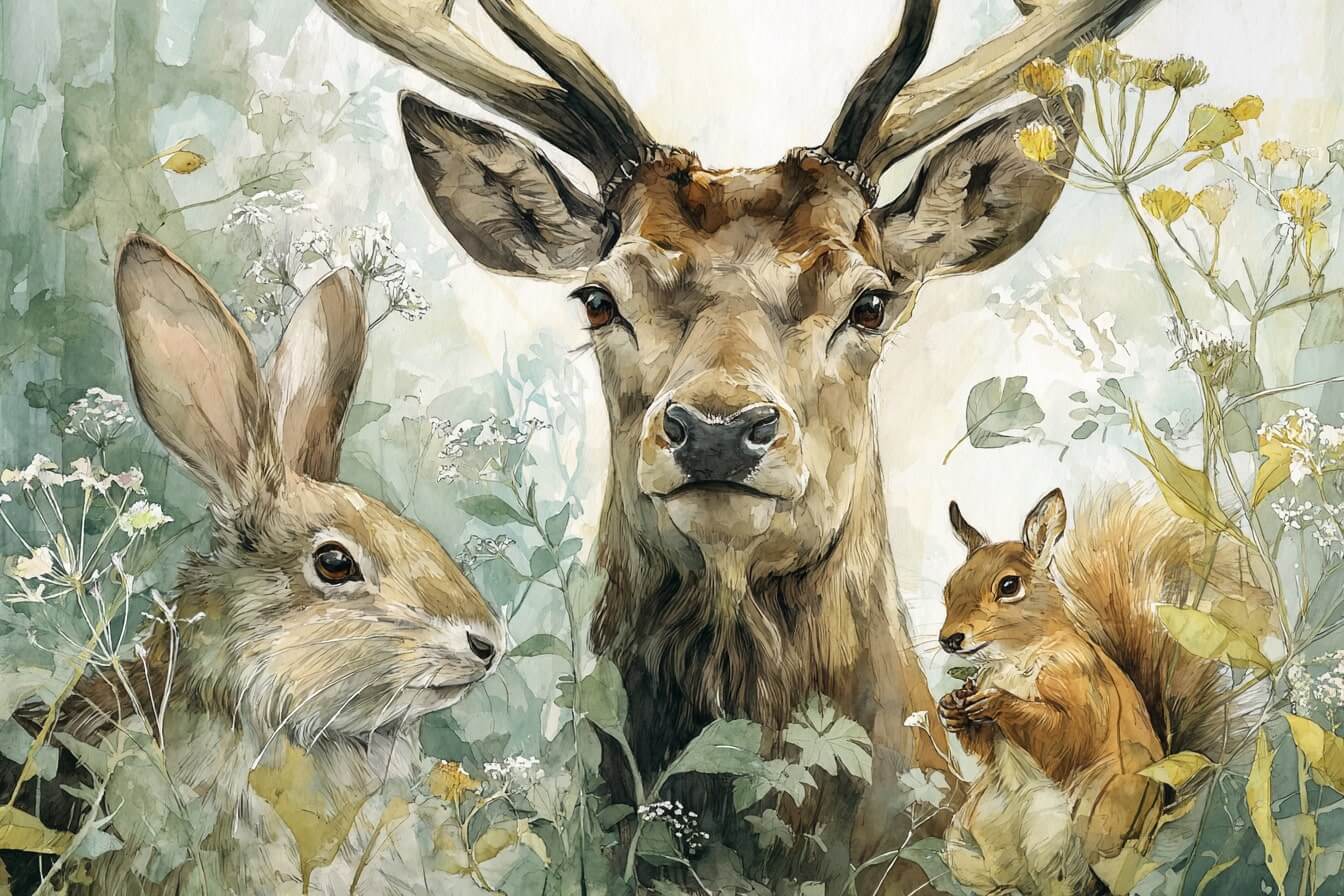 Ilustrace jelena, zajíce a veverky: symbol duchovních zvířat