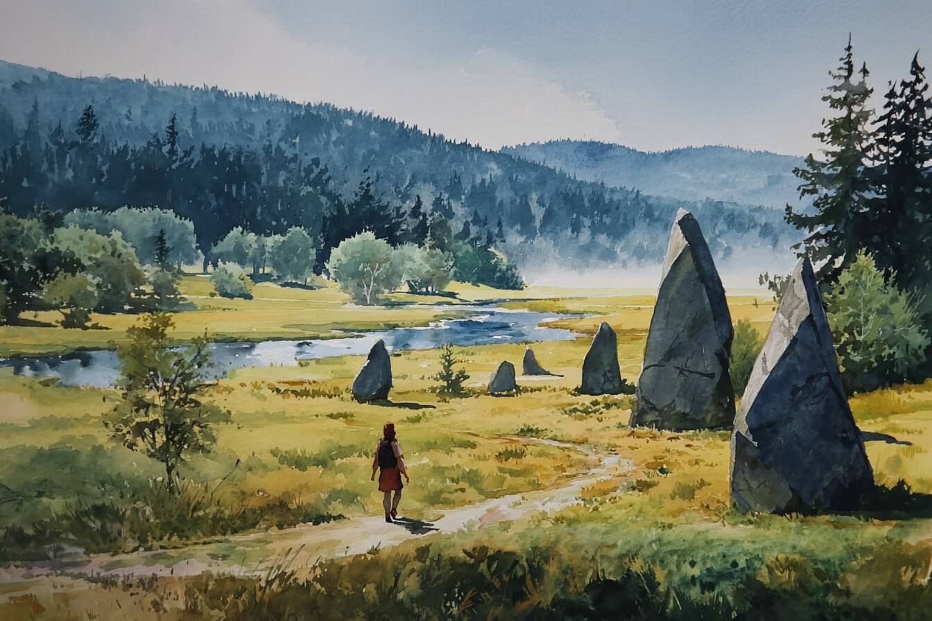 Ilustrace znázorňující přírodní krásy české přírody a konkrétně Šumavy