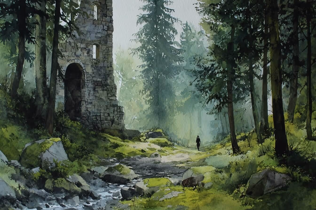 Ilustrace pozustatku anticke stavby v české krajině, les, procházející žena