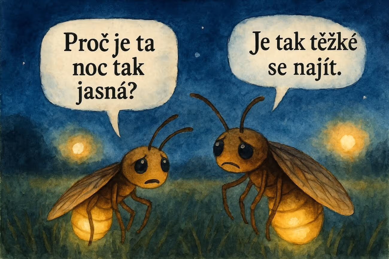 „Akvarelová ilustrace dvou smutných světlušek v noci, které si povídají v češtině: ‚Proč je ta noc tak jasná?‘ a ‚Je tak těžké se najít.‘“