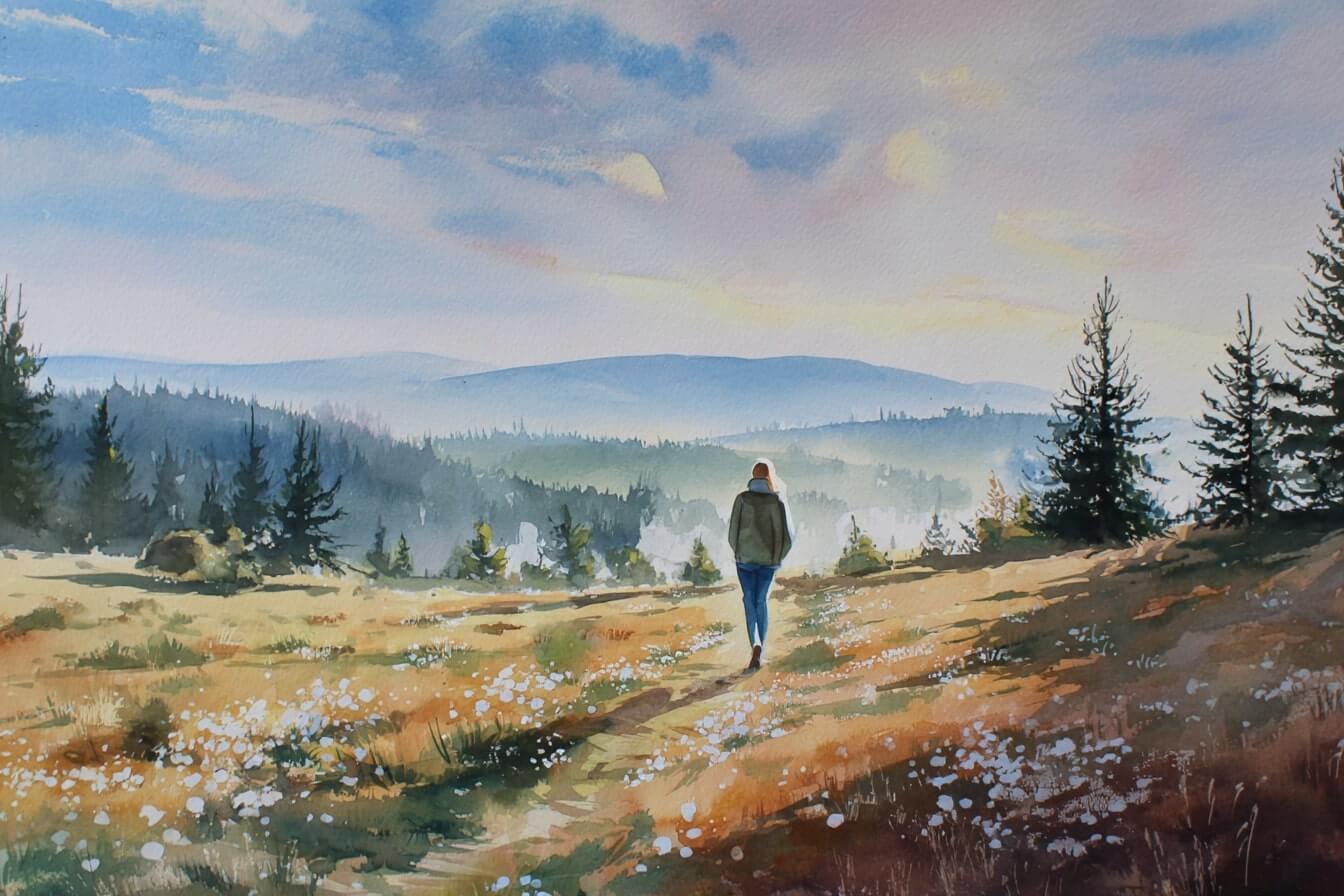 Ilustrace mladé ženy procházející českou krajinou