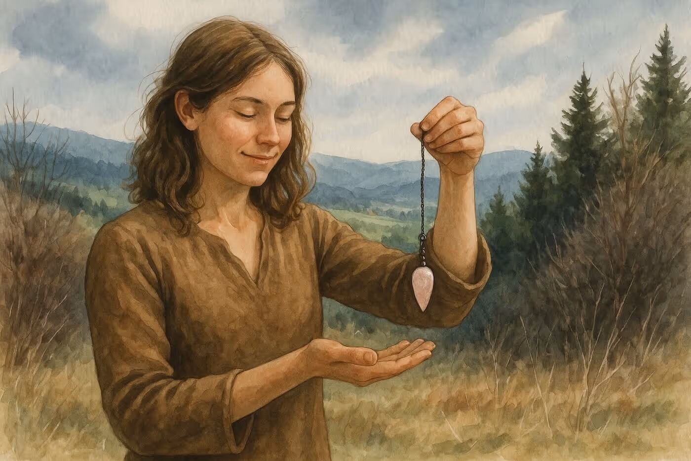 Ilustrace mladé ženy pracující s kyvadlem uprostřed šumavské přírody, poznávající, zda je kyvadlo pravdivé