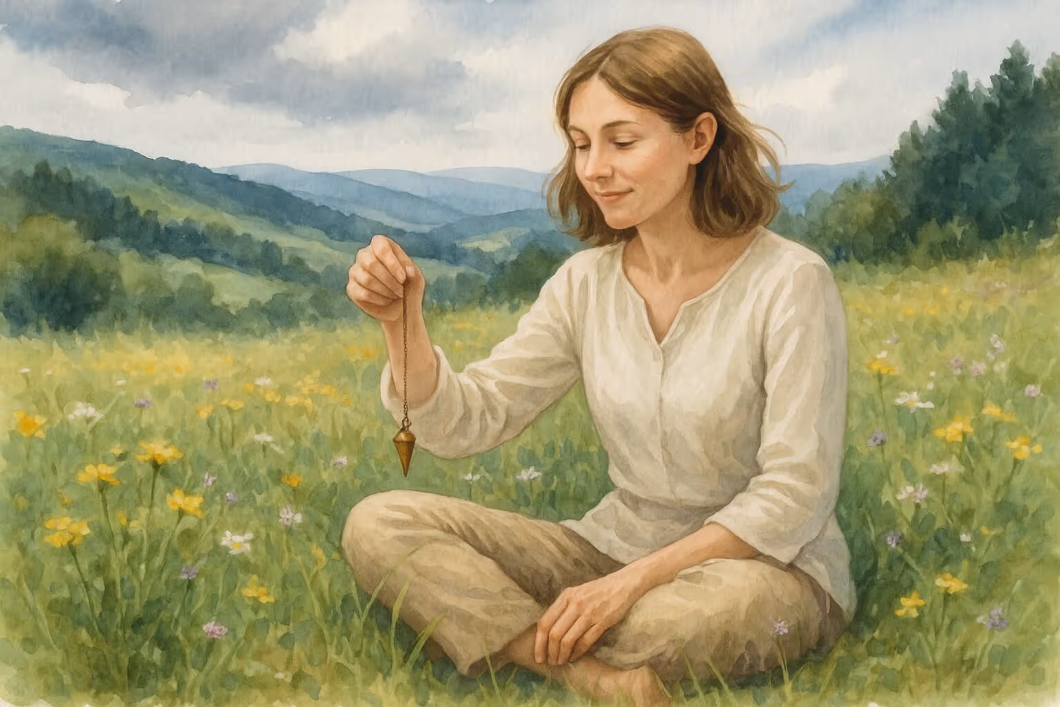 Ilustrace mladé ženy pracující s kyvadlem uprostřed šumavské přírody, poznávající, zda je kyvadlo nebezpečné