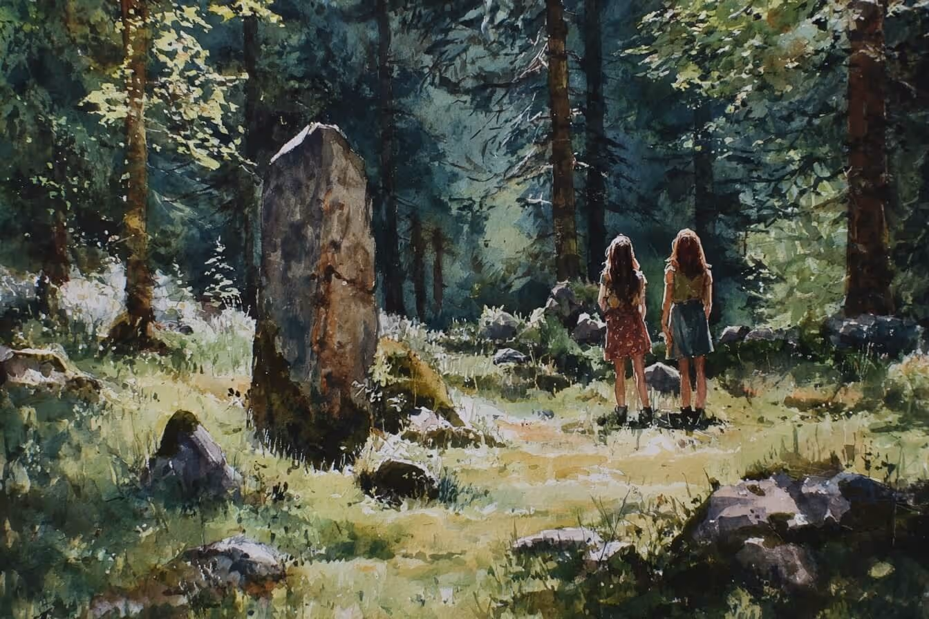 Ilustrace silového místa na šumavě, menhir a dvě ženy