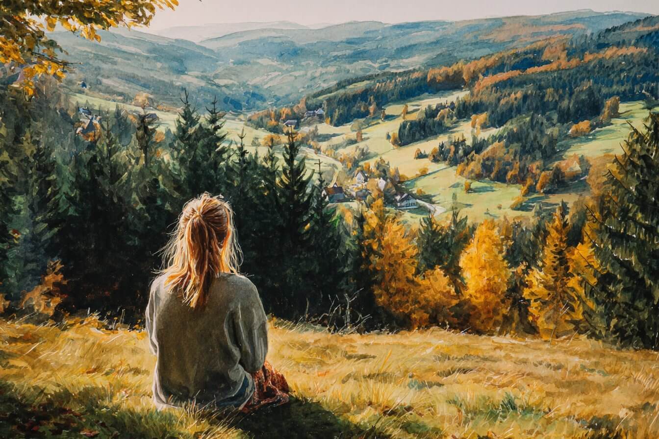 Ilustrace mladé ženy dívající se do šumavské krajiny