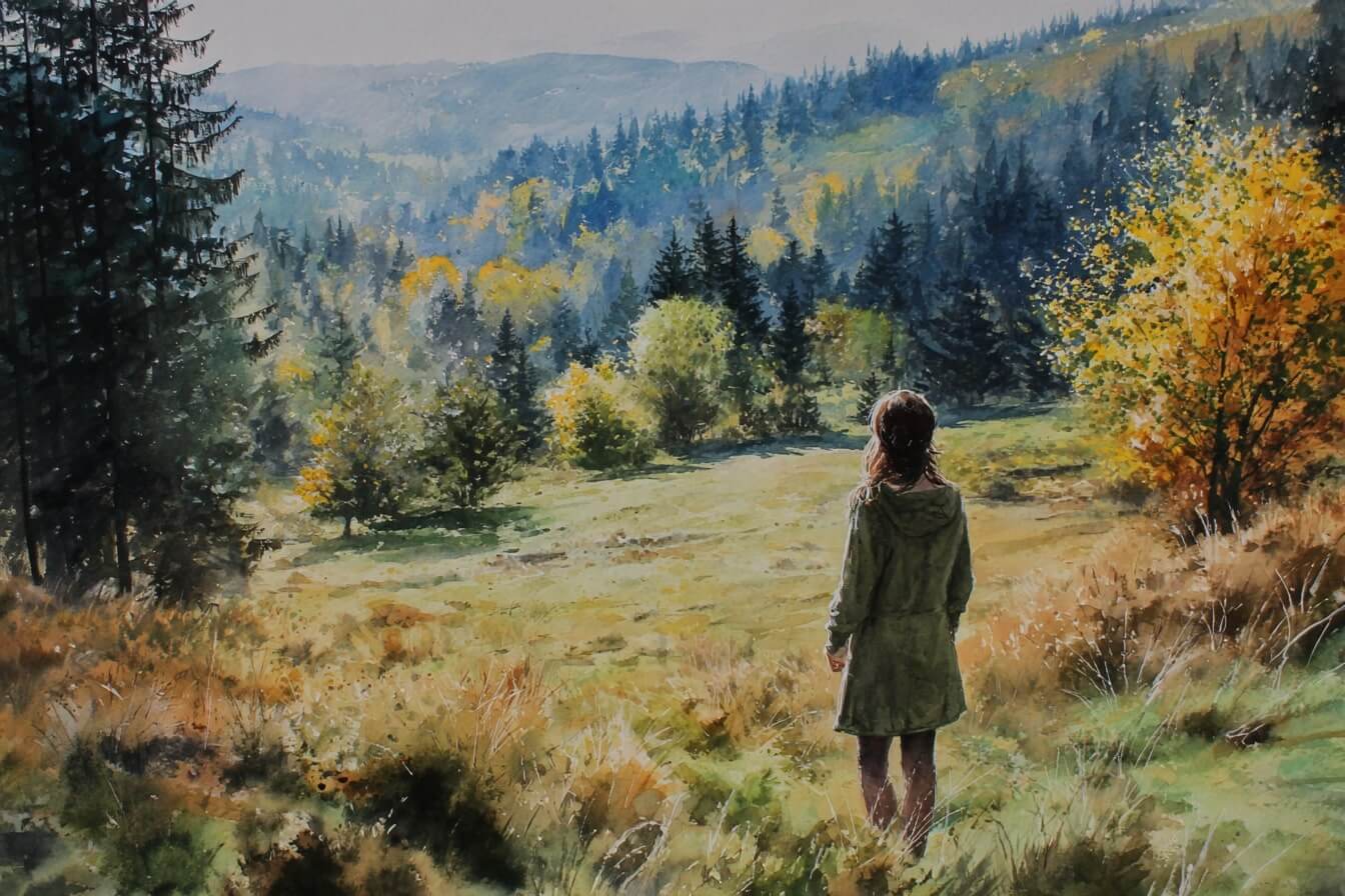 Ilustrace mladé ženy v šumavské krajině