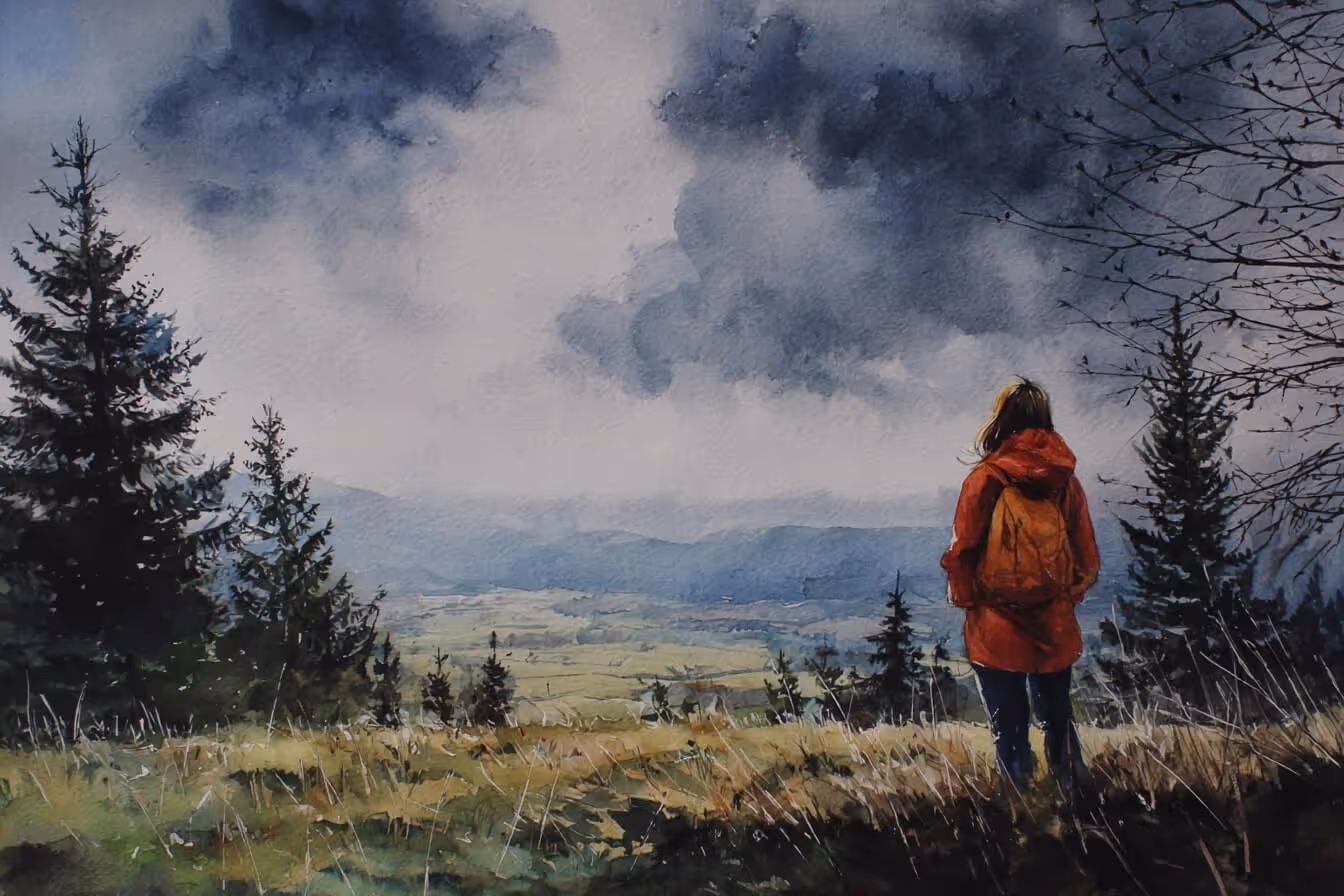 Ilustrace mladé ženy pozorující šumavskou krajinu