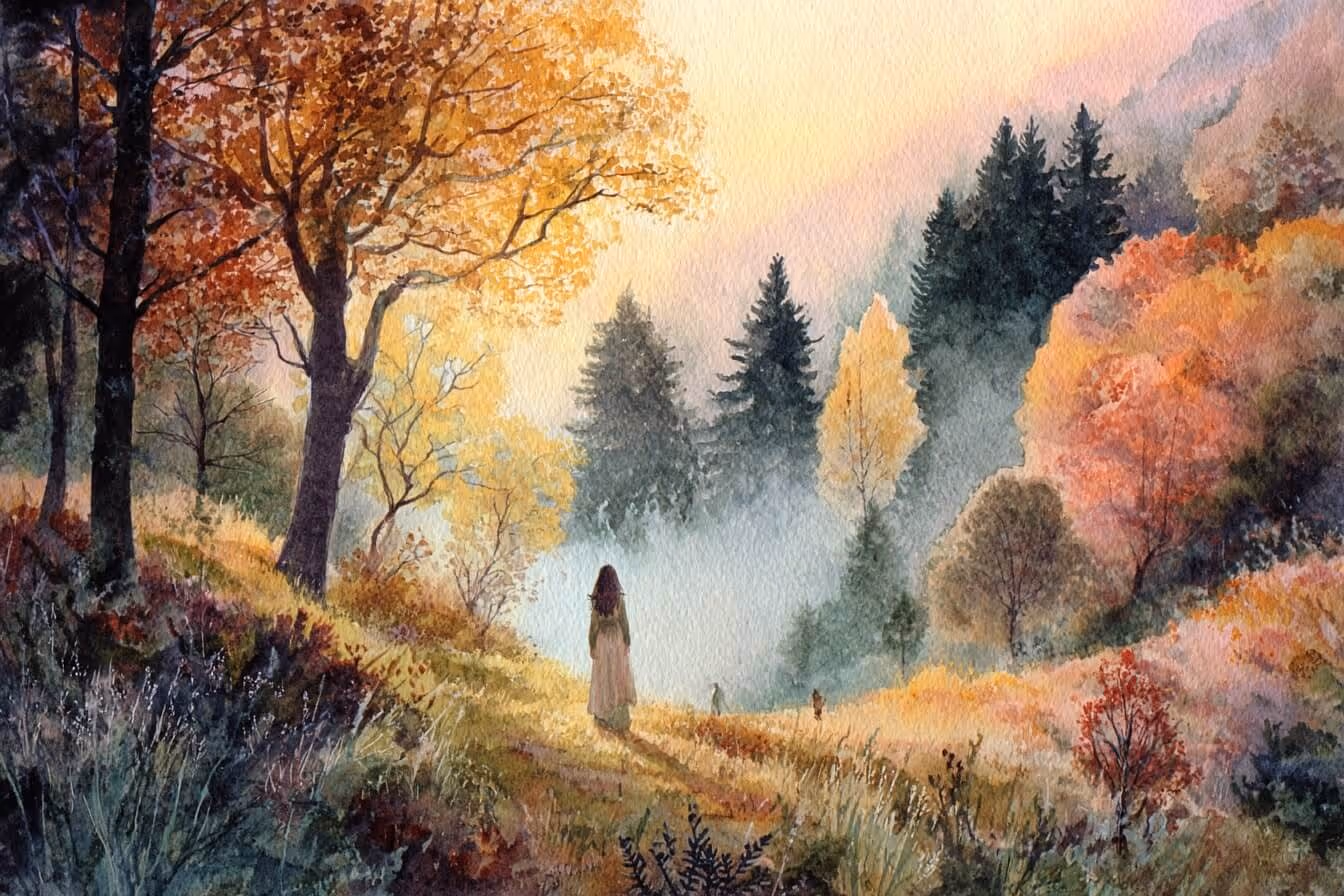 Ilustrace podzimní krajiny a mladé ženy znázorňující krásu naší planety