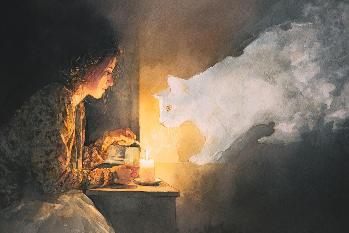 Ilustrace mladé ženy zapalující na dušičky svíčku, ze světla svíčky vystupuje duše kočky jako symbol propojení se zemřelými v čase dušiček