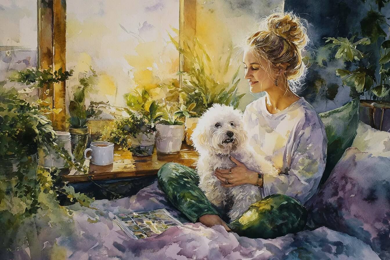 Ilustrace ženy v jejím klidném a vyčištěném domově plného klidu a harmonie