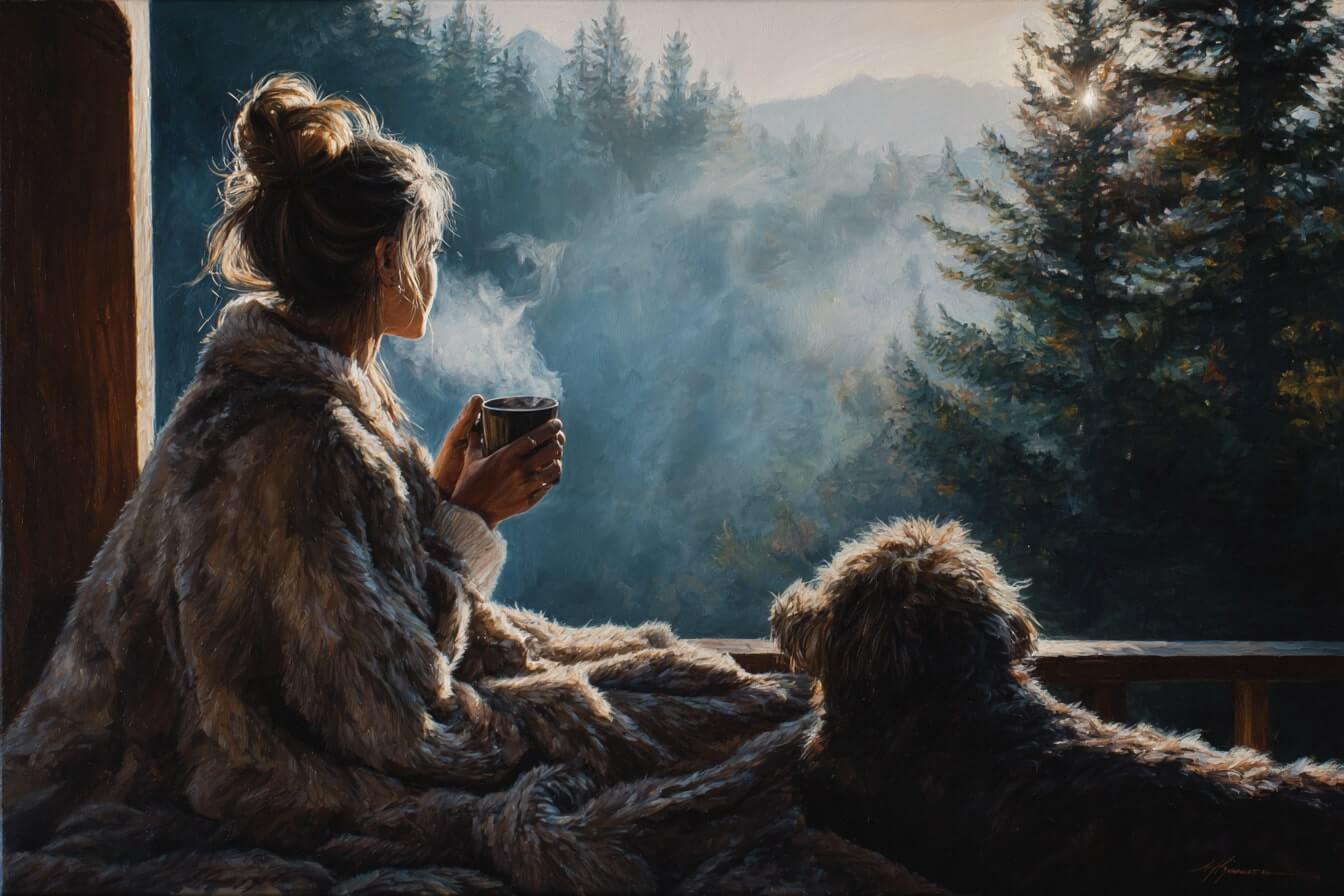 Olejová malba ženy popíjející horký nápoj dívající se na šumavský les a mlhu v něm, vedle ní je spokojeně zachumlaný pejsek