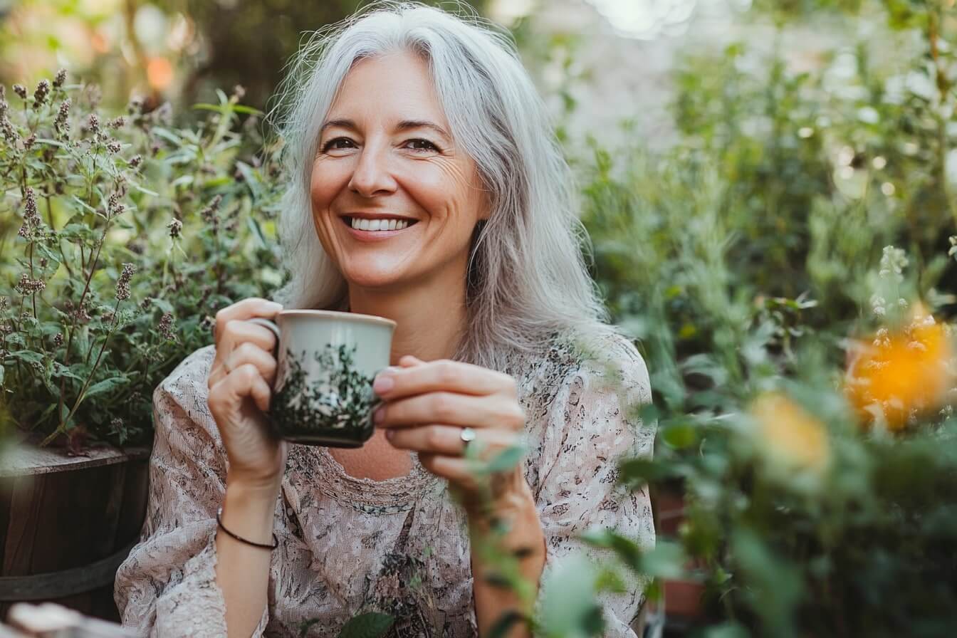 Mladá žena popíjející bylinkový čaj v ranním světle – rituál s bylinkami na antiaging a podporu buněčné vitality těla i mysli.