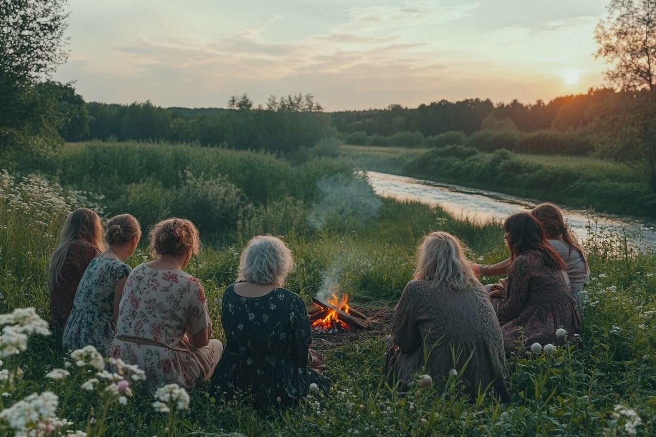 Skupina lidí oslavuje Beltain kolem ohně v přírodě – tanec, radost a propojení se světlem života.