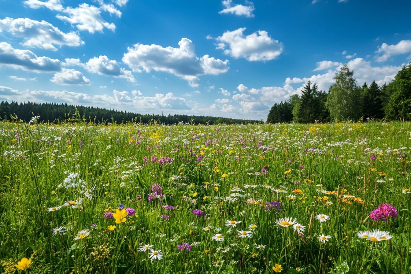 Rozkvetlá jarní louka plná bylin – rozmanité divoké květiny a léčivé rostliny ve vrcholném květu, v pozadí stromy a jasná modrá obloha. Ideální ilustrace k tématu sběr bylinek podle měsíců a přírodní medicíny