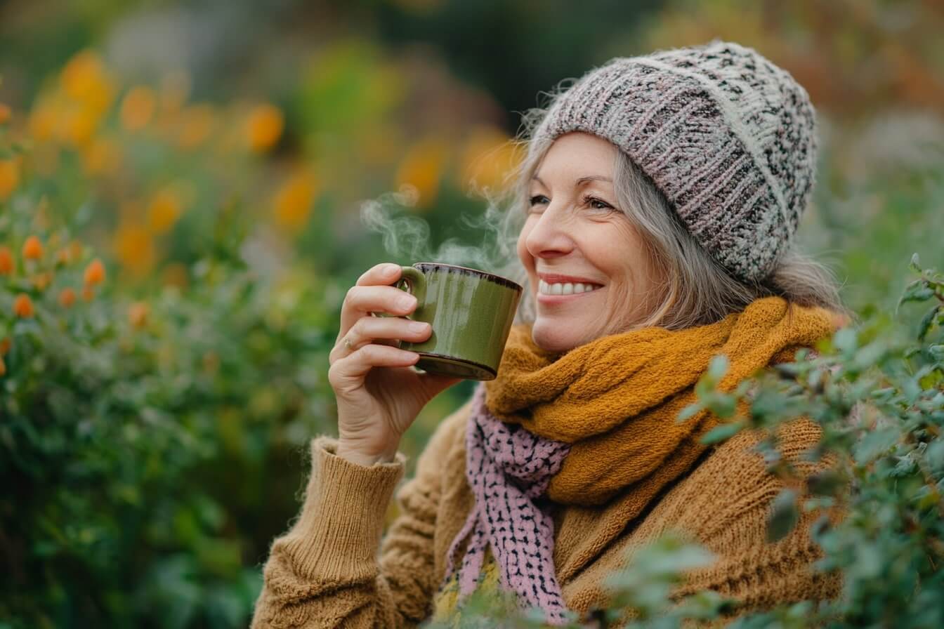 Žena sedící v klidu s hrnkem bylinkového čaje – přírodní podpora a bylinky na bolest hlavy jako jemná cesta k úlevě.