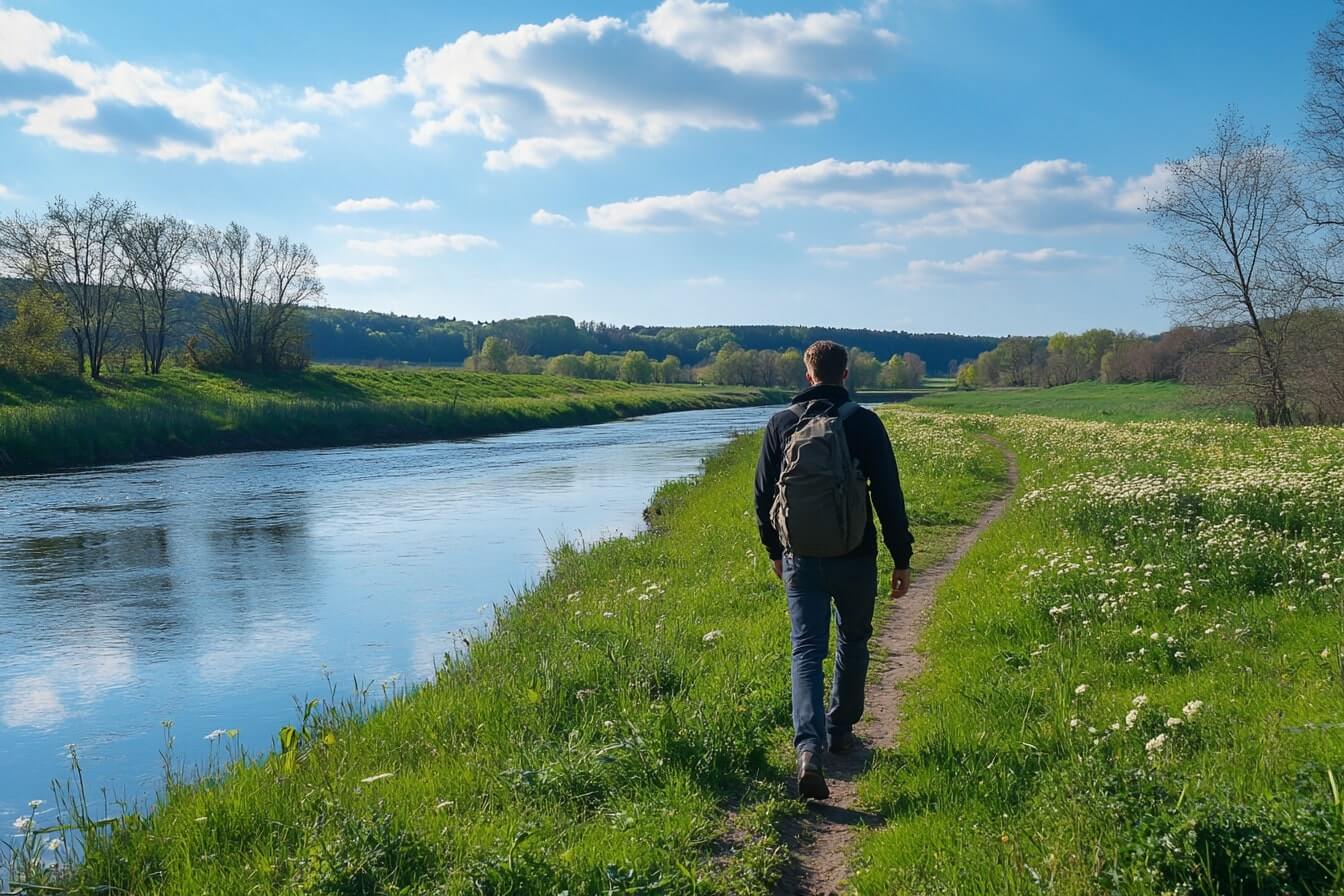 Mladý muž prochází kolem řeky v české přírodě během jarního dne. Probuzení energie, harmonie s přírodou a přirozený způsob, jak překonat jarní únavu.