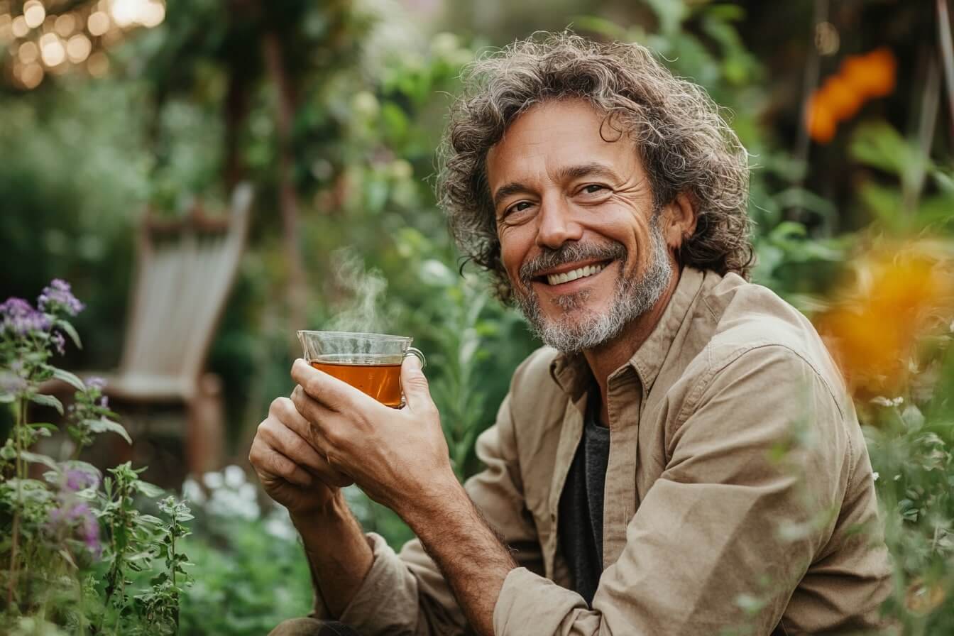 Muž popíjející bylinný čaj v klidu bylinkové zahrady – přírodní péče o močové cesty pomocí bylinek a vědomého odpočinku.