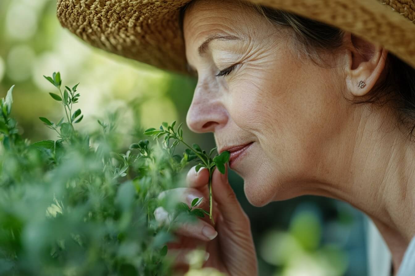Žena se usmívá u šálku bylinkového čaje, symbolizujícího přírodní cestu k posílení imunity a zlepšení zdraví pomocí bylinek.