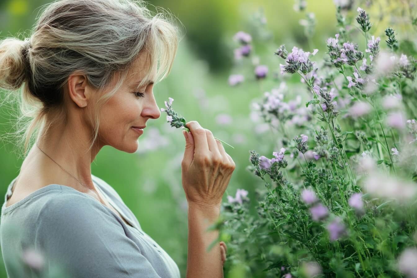 Mladá žena v bylinkové zahradě, obklopená rostlinami vhodnými pro bylinky na odvodnění těla, které podporují přirozenou detoxikaci a rovnováhu organismu.