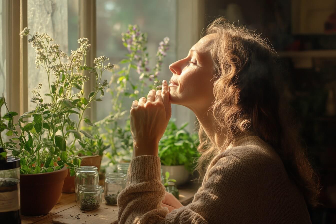 Žena popíjející bylinkový čaj v klidném přírodním prostředí – vědomá prevence rakoviny pomocí bylinek a přírodních rituálů.