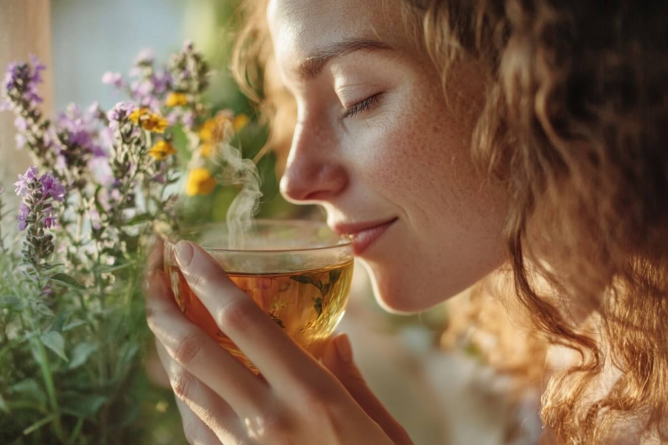 Mladá žena popíjející čaj z bylinek na uklidnění mysli. Přírodní cesta ke zklidnění, duševní pohodě a harmonii.