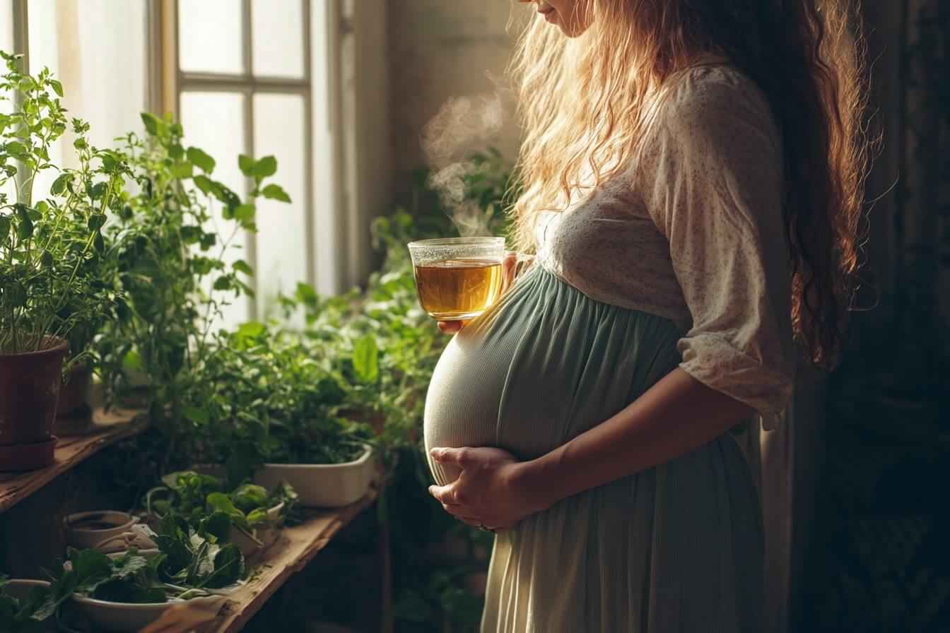 Těhotná žena obklopená bylinkami sedí v klidné místnosti. Harmonie, péče a přirozené spojení s přírodou v období těhotenství.