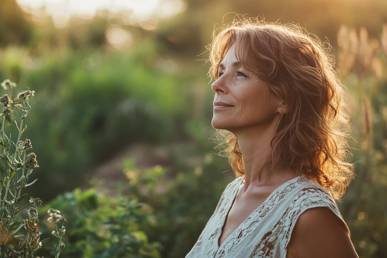 Žena stojící venku v bylinkové zahradě, užívající si slunečný den, obklopená léčivými rostlinami vhodnými jako bylinky na žaludek, které podporují trávení a pomáhají při bolestech a překyselení žaludku.