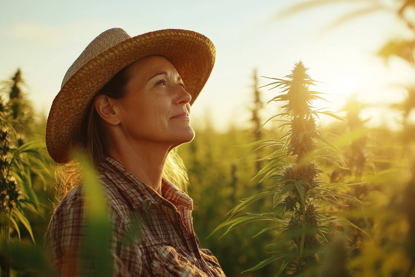 Usmívající se žena stojí na konopném poli, symbolizující přírodní léčivou sílu konopí a jeho přínosy pro zdraví