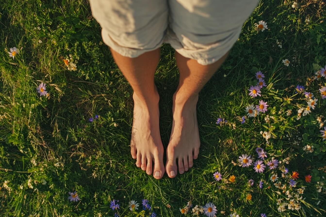 Bosé nohy stojící na zemi jako symbol groundingu – přirozeného uzemnění, které pomáhá snížit stres, harmonizovat tělo a mysl a podpořit zdraví i vnitřní stabilitu. Grounding je jednoduchá a účinná metoda, jak se uzemnit a propojit s přírodní energií Země.