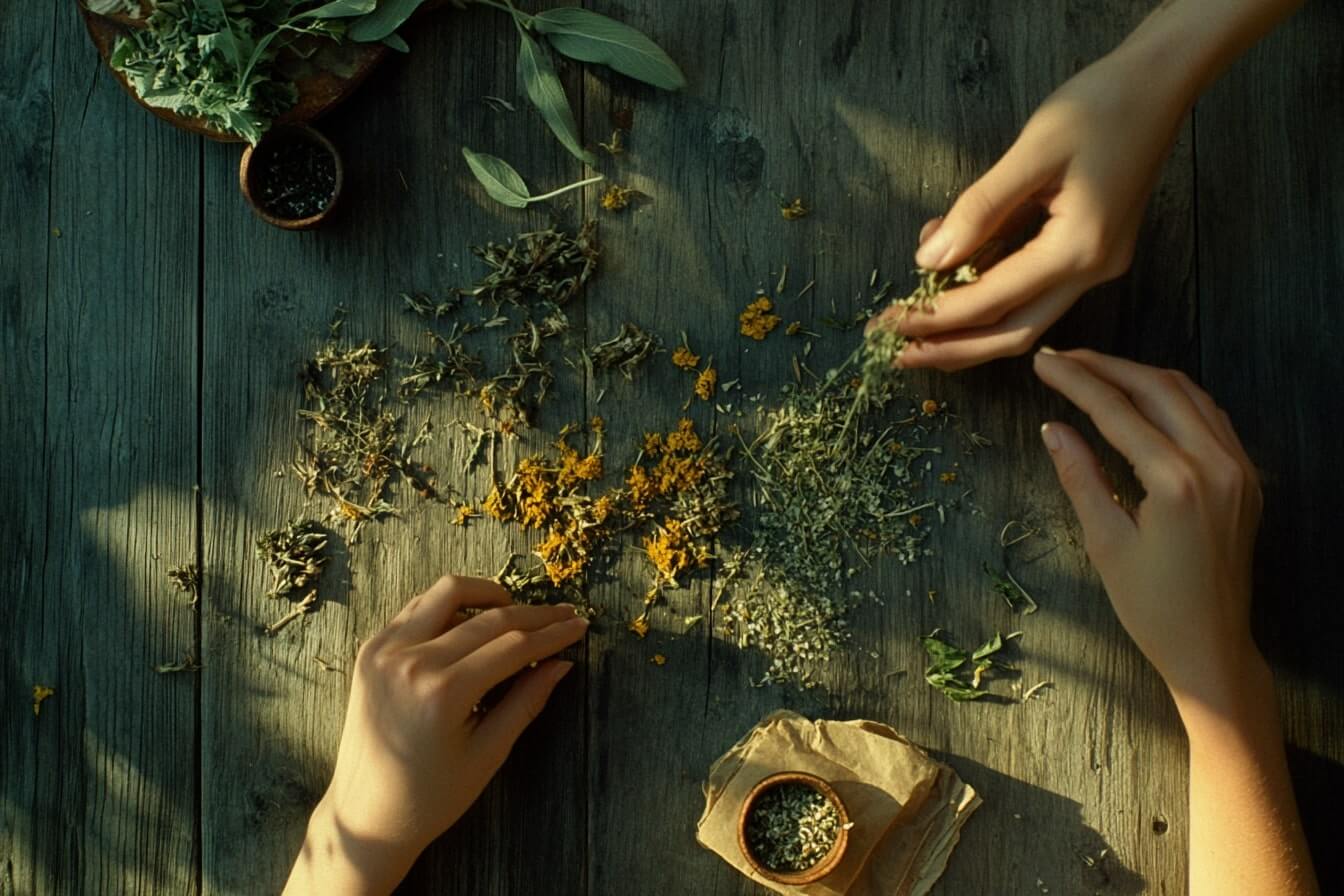 Dva páry rukou vyrábějící domácí bylinkovou lékárničku – příprava léčivých bylin, tinktur a mastí v přírodním prostředí. Ruční zpracování bylin pro zdraví a pohodu.