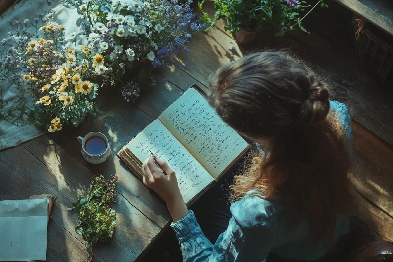 Mladá žena píšící do deníku jako součást své každodenní journaling praxe – vědomé zapisování myšlenek, pocitů a záměrů pomáhá zklidnit mysl, uvolnit emoce a propojit se s vlastní intuicí. Journaling je účinný nástroj sebepoznání, sebepéče a holistického uzdravení.