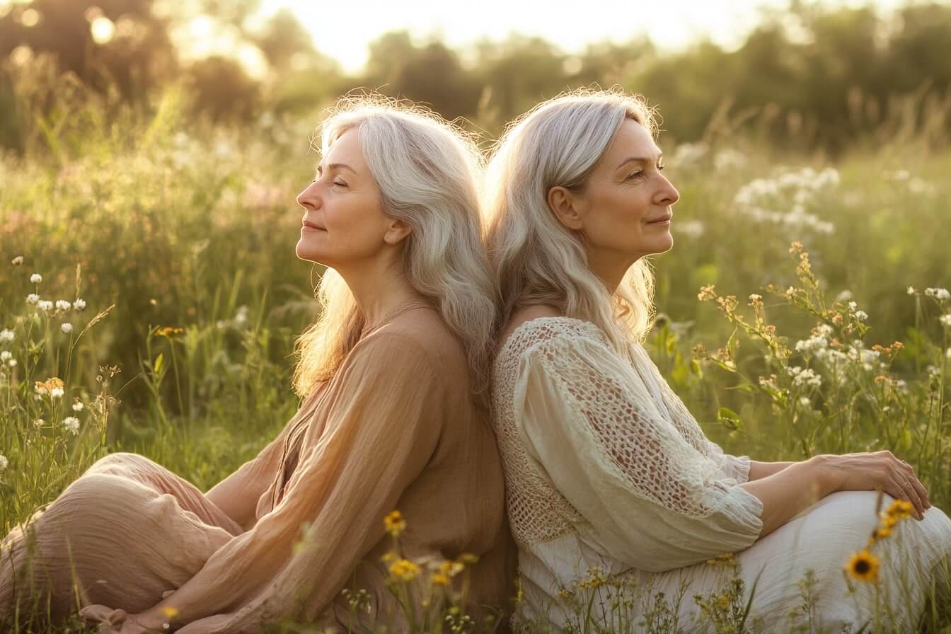 Dvě starší ženy se spokojeně usmívají na bylinkové louce, opřené o sebe zády. Jak harmonizovat tělo a mysl pomocí přírody a vnitřního klidu.