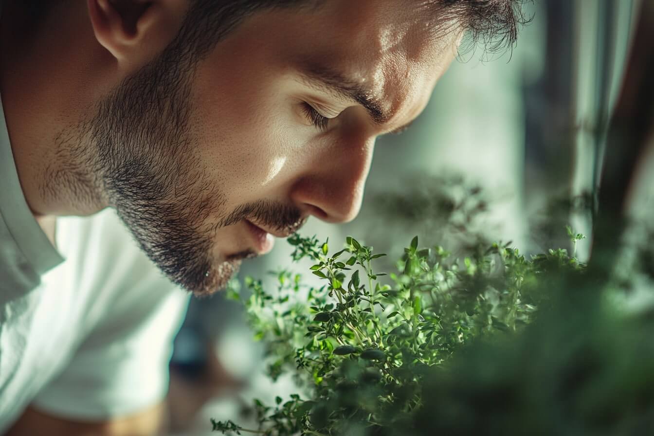 Mladý muž vonící k bylinkám, které pomáhají na nespavost a podporují hluboký spánek. Přírodní cesta ke kvalitnímu odpočinku bez chemie.