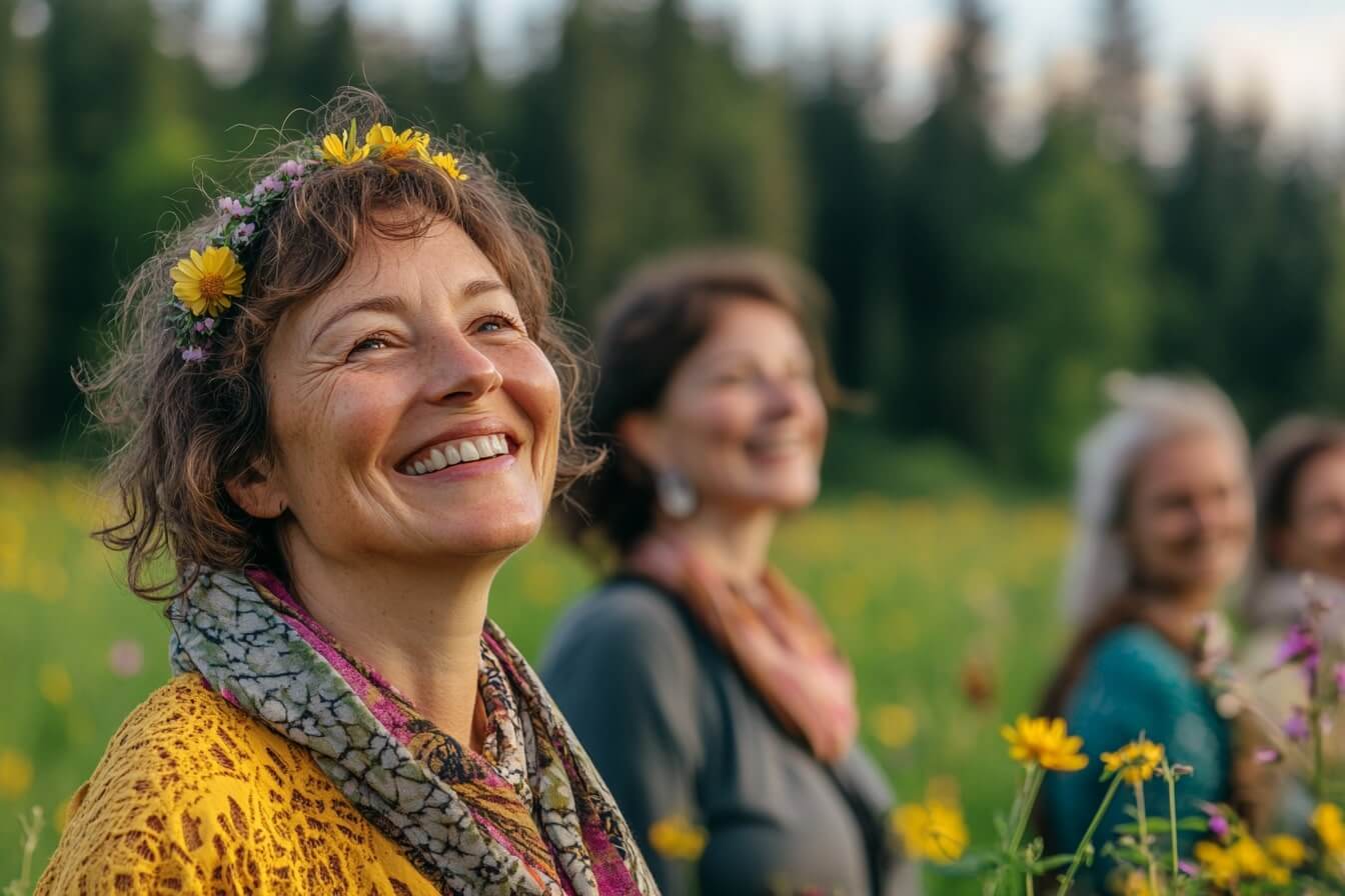 Skupina lidí prochází vesele loukou při sběru bylin v souladu s přírodními a astronomickými cykly
