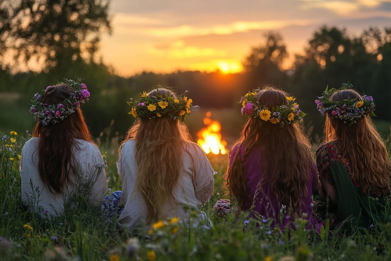 Dívky se svatojánskými věnci u ohně během oslav letního slunovratu – rituál spojení s přírodou a světlem.