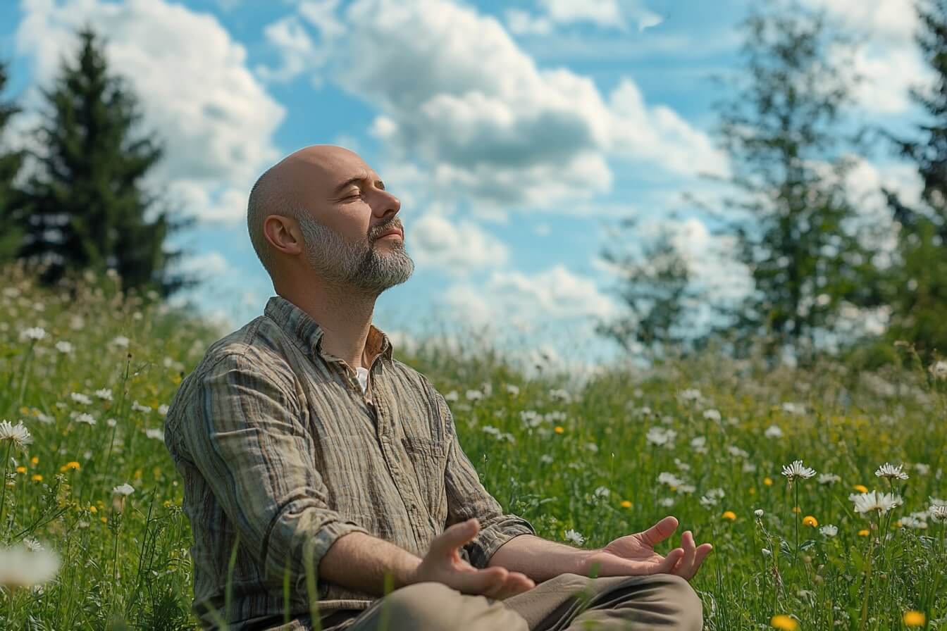 Muž při vědomé dechové technice v přírodě – meditativní dechová praxe pro zklidnění mysli, uvolnění napětí a posílení parasympatického nervového systému. Vědomé dýchání jako nástroj pro lepší zdraví, emoční rovnováhu a vnitřní klid.