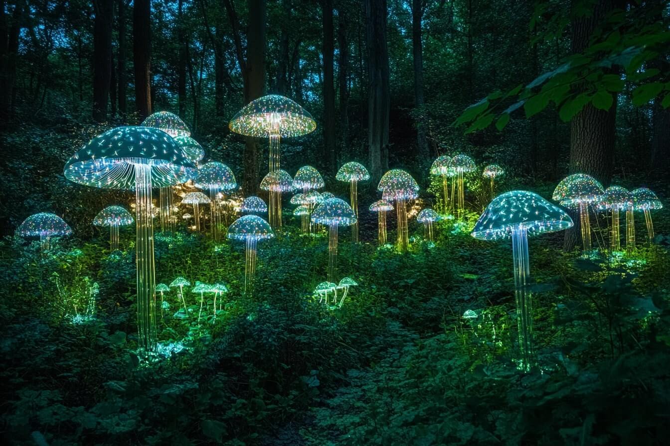 Svítilné fantasy houby v lese symbolizující mystický a léčivý svět medicinálních hub – spojení přírody, světla a vnitřní moudrosti.