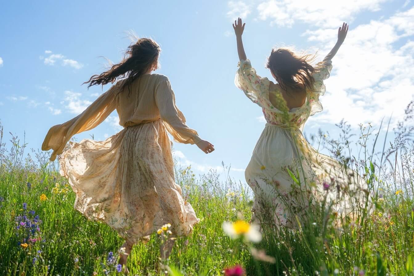 Dvě ženy jako siluety tančící na letní louce – symbol radosti, lehkosti a vnitřního propojení. Koherence mezi myslí a srdcem přináší harmonii, svobodu a hlubší vnímání přítomného okamžiku. Vědomé bytí v souladu s intuicí a tělem.