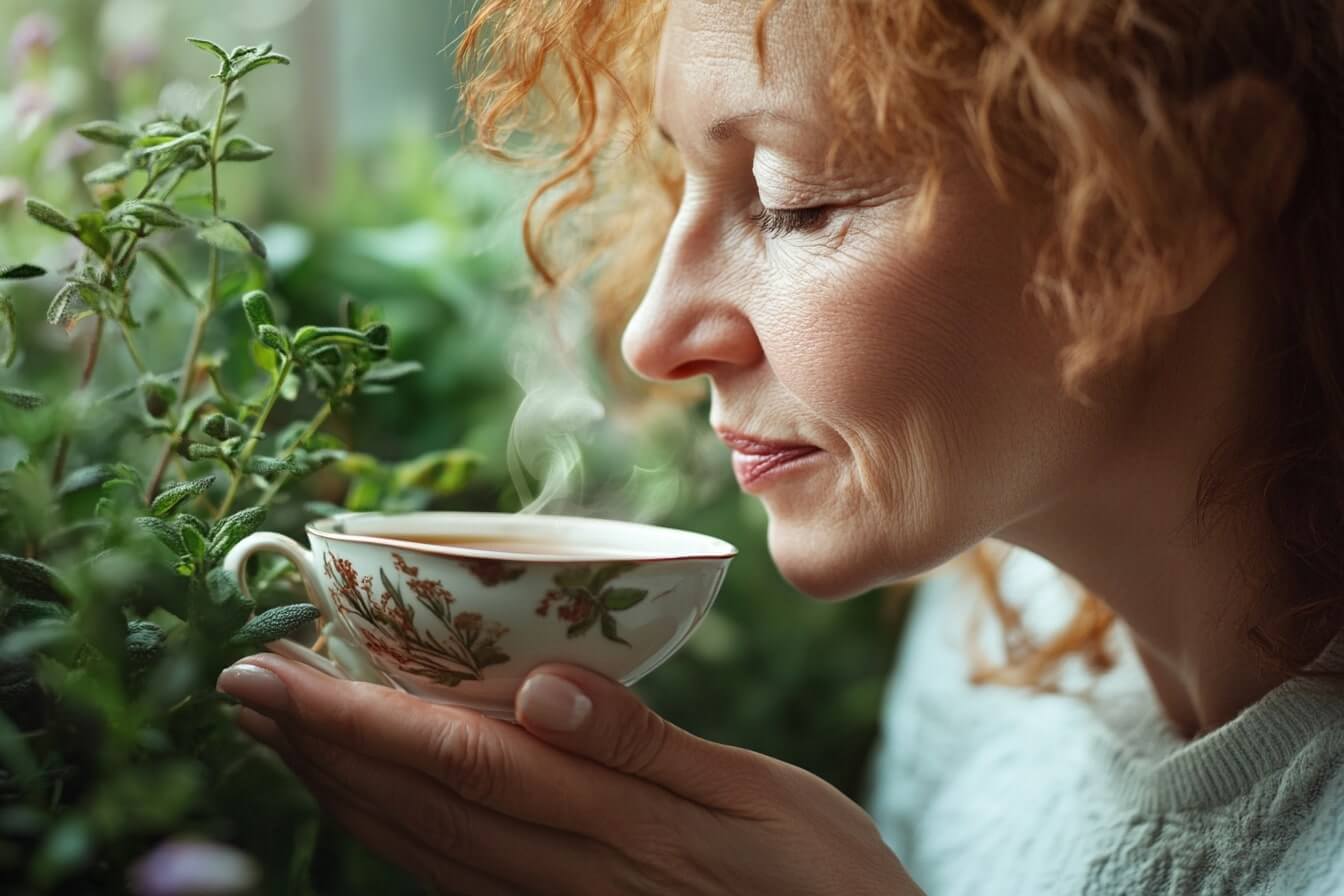Žena popíjející bylinkový čaj na podporu ledvin a jejich regeneraci. Přírodní očista a posílení ledvin pomocí bylin a tradičních metod.