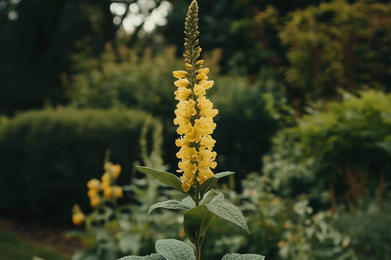 Divizna velkokvětá (Verbascum densiflorum) v plném květu – vysoká bylina se žlutými květy rostoucí na slunné louce.