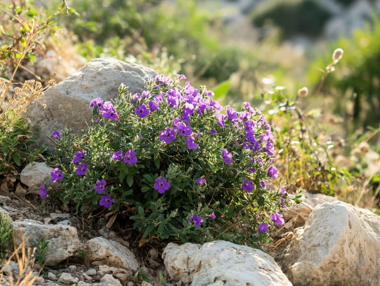 Cistus incanus (Růže skalní) – kvetoucí keř s růžovofialovými květy a stříbřitými listy rostoucí na slunném, suchém stanovišti.