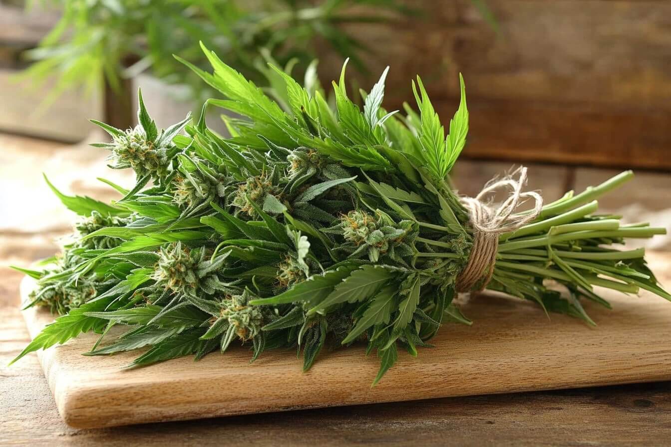 Svazek konopí setého položený na dřevěném stole – tradiční léčivá a technická rostlina s širokým využitím v průmyslu, ekologii a přírodní medicíně.