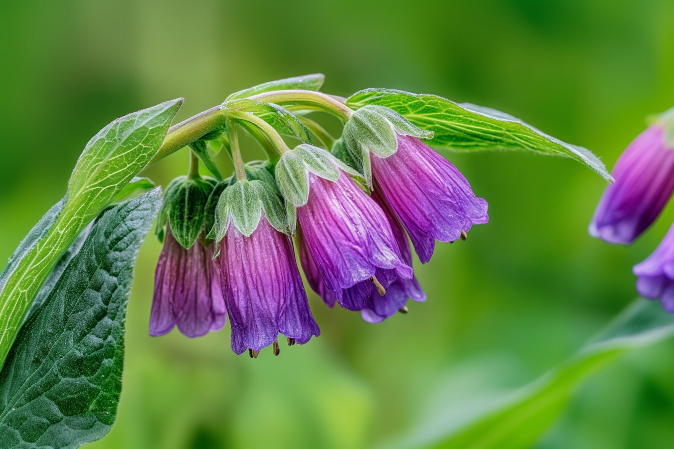 Kostival lékařský (Symphytum officinale) – vytrvalá bylina s fialovými květy, chlupatými listy a silným kořenem, známá pro své regenerační a hojivé účinky na klouby, svaly a pokožku.