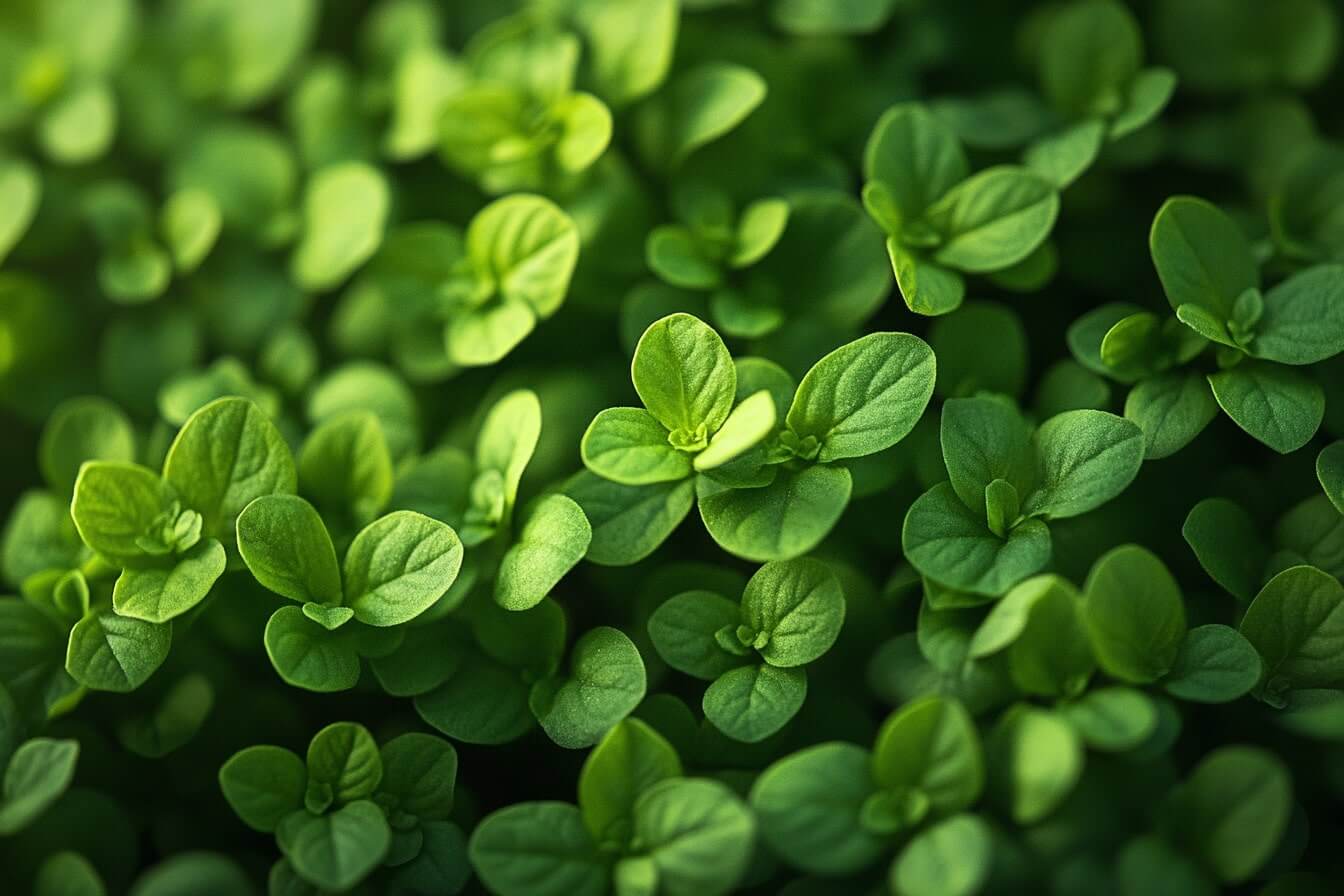 Majoránka zahradní (Origanum majorana) – aromatická bylina s drobnými zelenými lístky a bílými až fialkovými květy, známá pro své léčivé účinky na trávení, dýchací cesty a nervový systém.