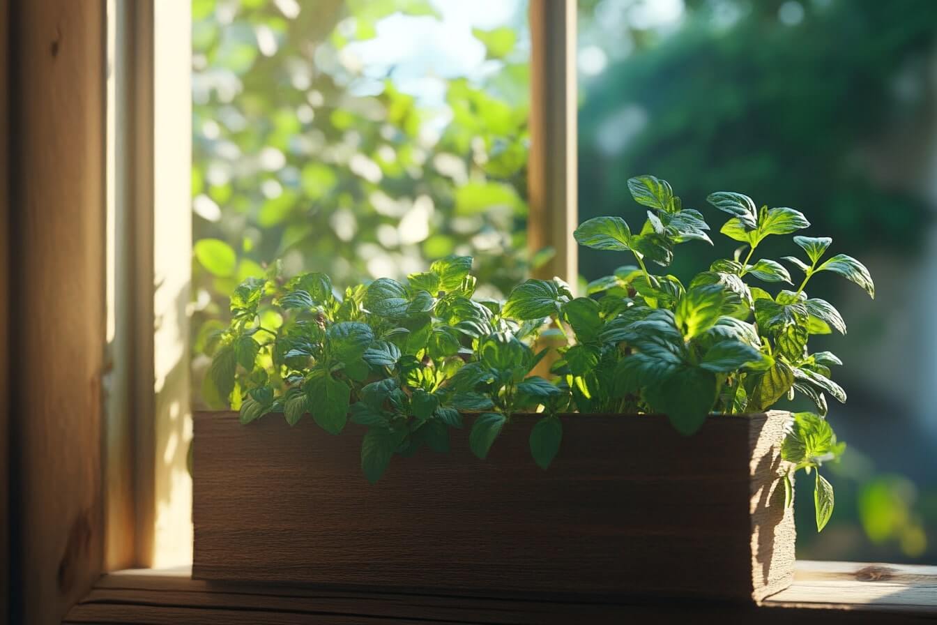 Čerstvá máta peprná v truhlíku na okně – ideální bylinka pro domácí pěstování, osvěžující čaj i zdravé recepty.