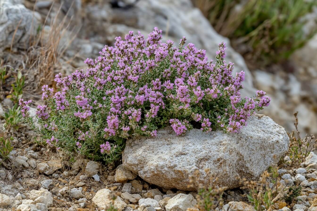 Detailní fotografie mateřídoušky obecné (Thymus serpyllum) s jemnými fialovorůžovými květy, rostoucí na slunné zahradě mezi kameny.